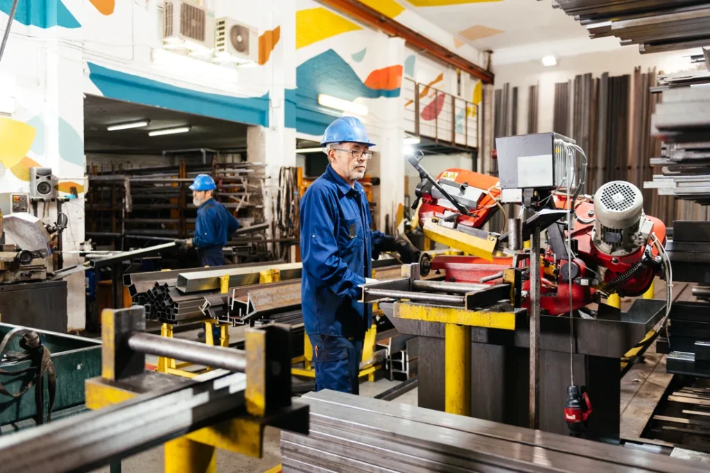 workers in shop at a factory utilizing industrial solutions